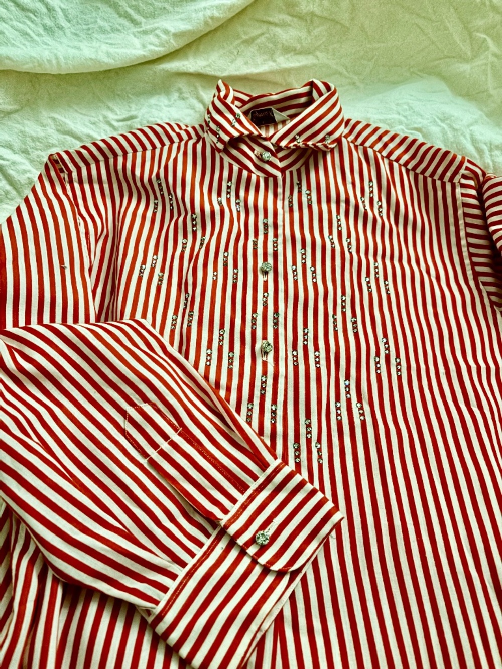 Red and White Striped Vintage Rhinestone Shirt
